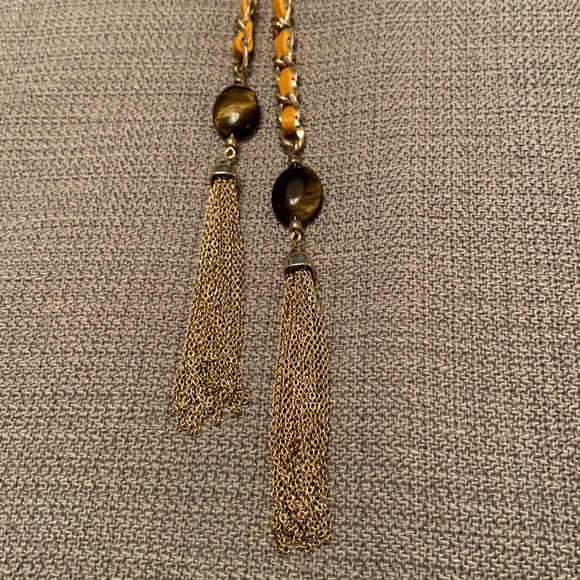 WHBM Leather & Gold Tone Chain Necklace with Beaded Tassels - Picture 5 of 11